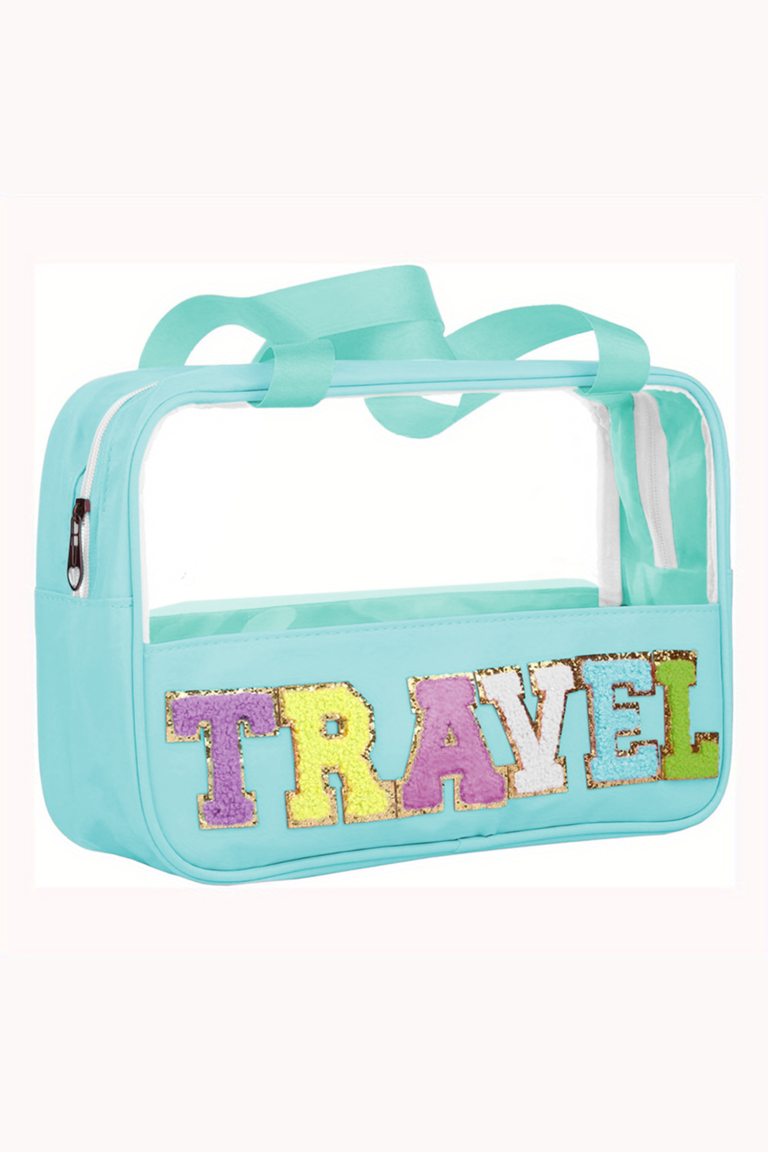 Light Pink TRAVEL Chenille Letter Clear PVC Makeup Bag - loveforevers