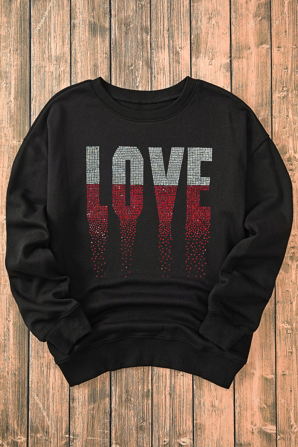 Black Rhinestone LOVE Graphic Crewneck Valentines Sweatshirt - loveforevers