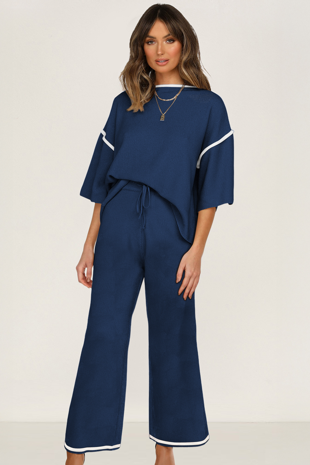 Blackish Green Contrast Trim Half Sleeve Top Drawstring Pants Loose 2pcs Sweater Suit - loveforevers