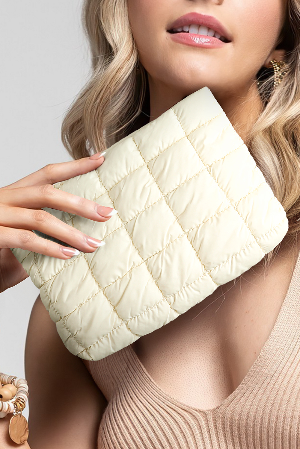 White Zipper Quilted Puffer Cosmetic Bag - loveforevers
