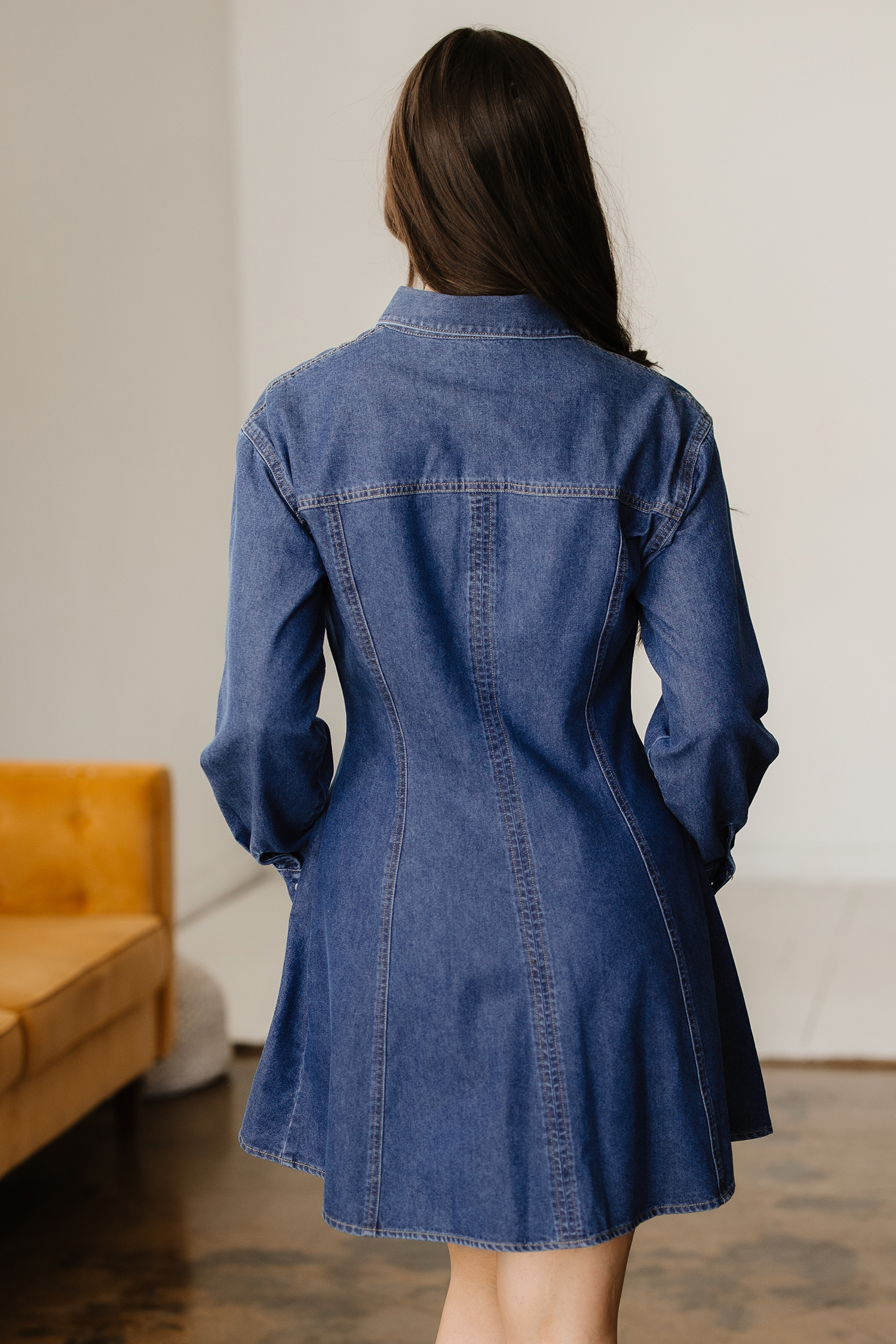 Ashleigh Blue Denim Shirt Collar Long Sleeve Flared Mini Dress - loveforevers