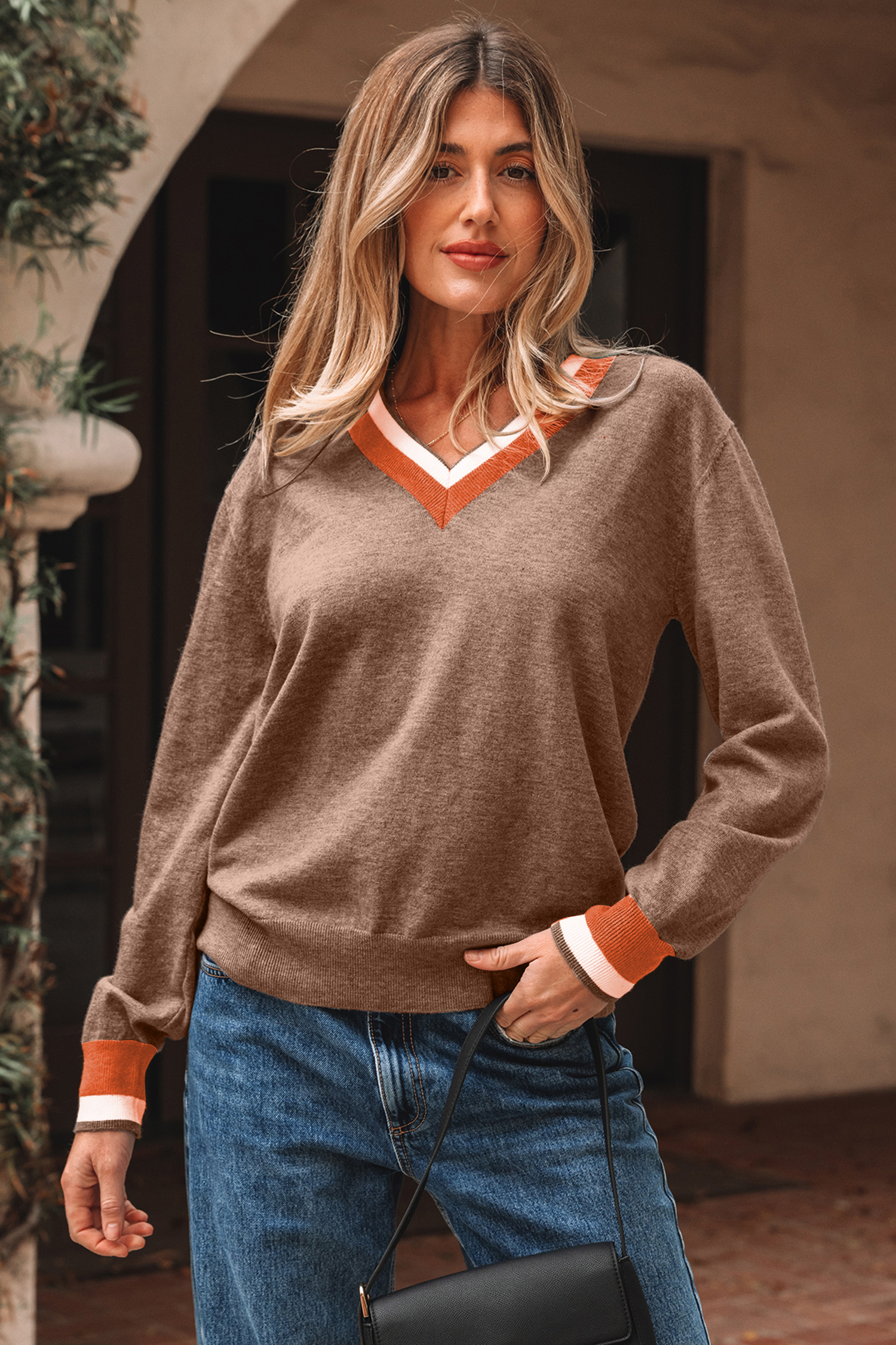 Black Contrast Striped Trim V Neck Varsity Sweater - loveforevers