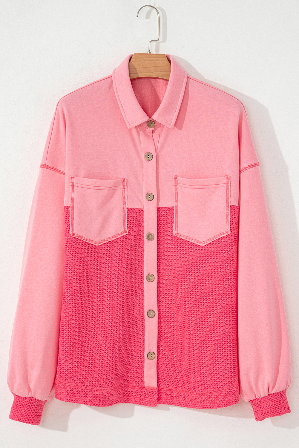 Peach Blossom Two Tone Contrast Waffle Knit Buttoned Loose Shacket - loveforevers