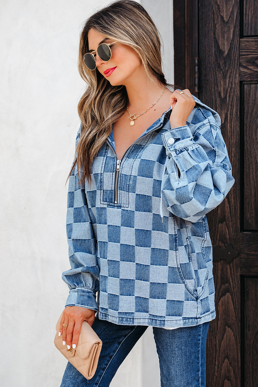 Dark Grey Checkered Denim Wide Leg Jeans - loveforevers