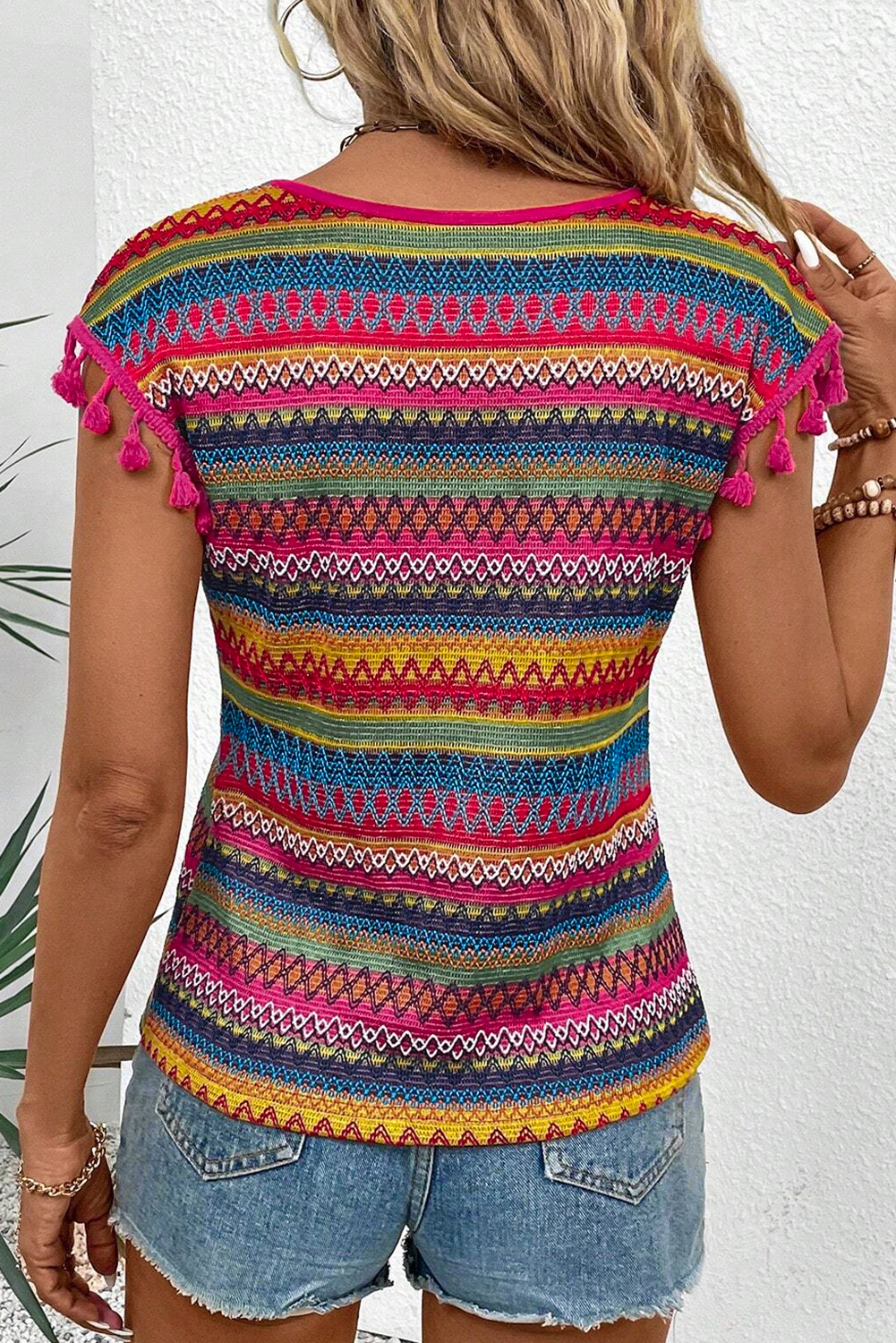 Rose Red Jacquard Textured Tasseled Cap Sleeve Top - loveforevers