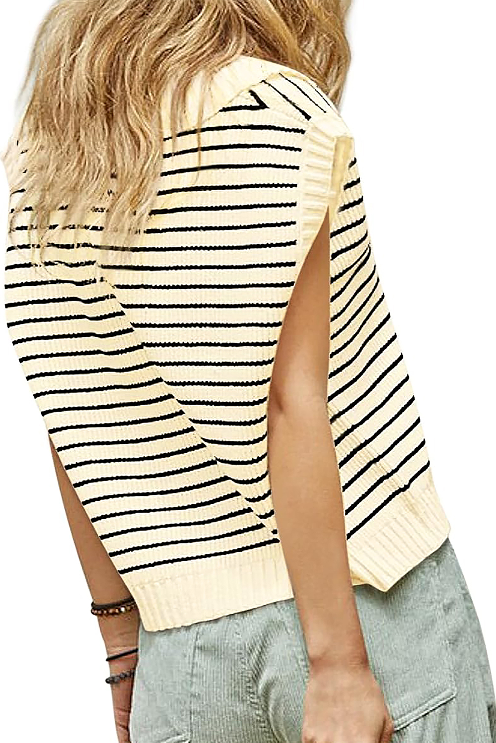 Beige Stripe Turn-down V Neck Sweater Tank Top - loveforevers