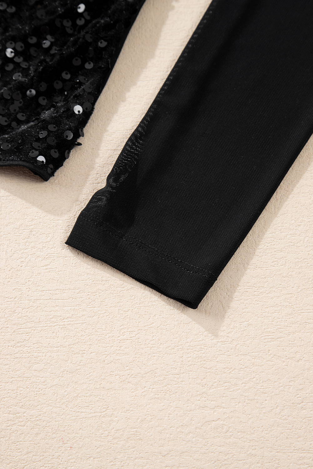 Black Sequin Velvet Sheer Mesh Mock Neck Blouse - loveforevers