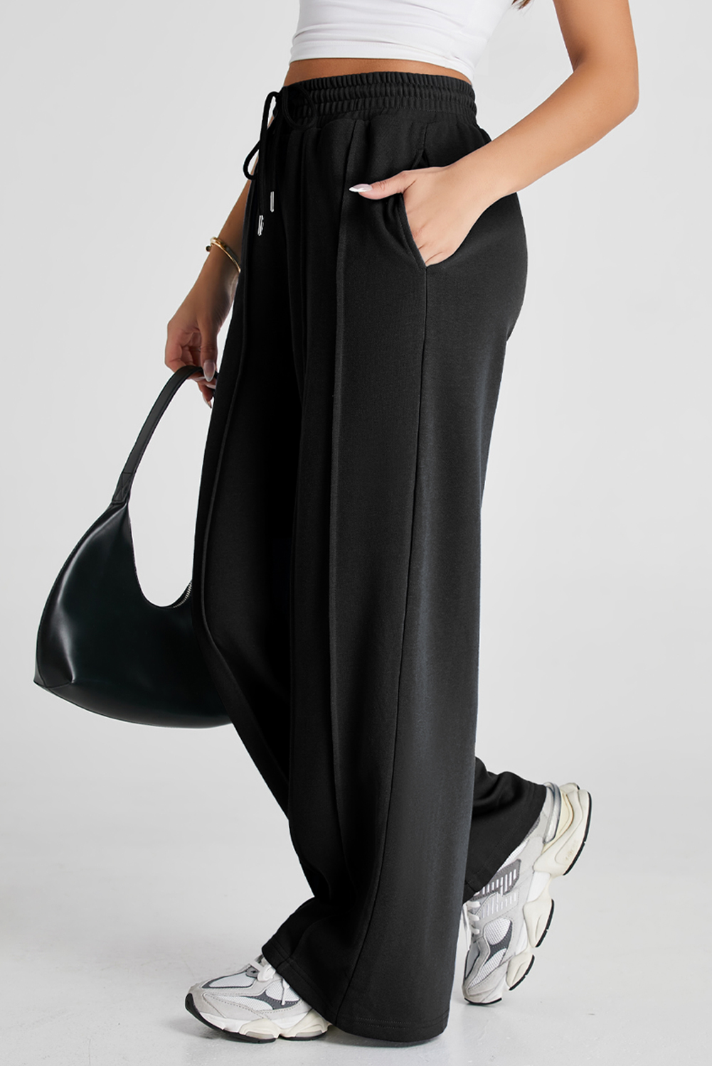 Black Seamed Drawstring High Waist Wide Leg Sweatpants - loveforevers