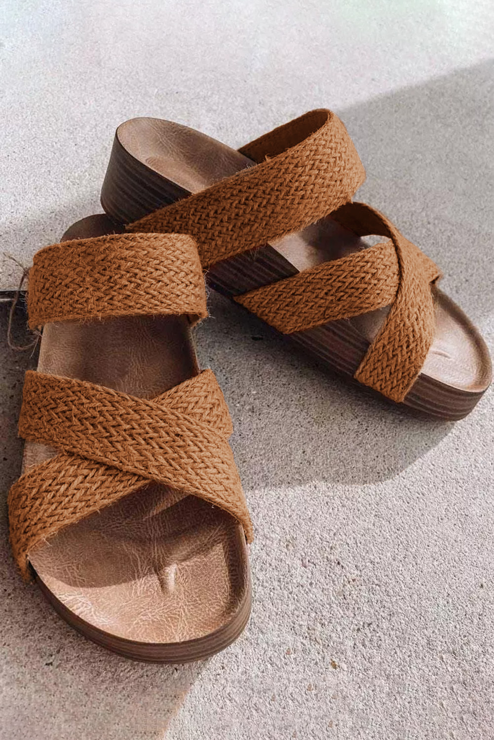 Brown Woven Cross Criss Hollowed Slip-On Slippers - loveforevers