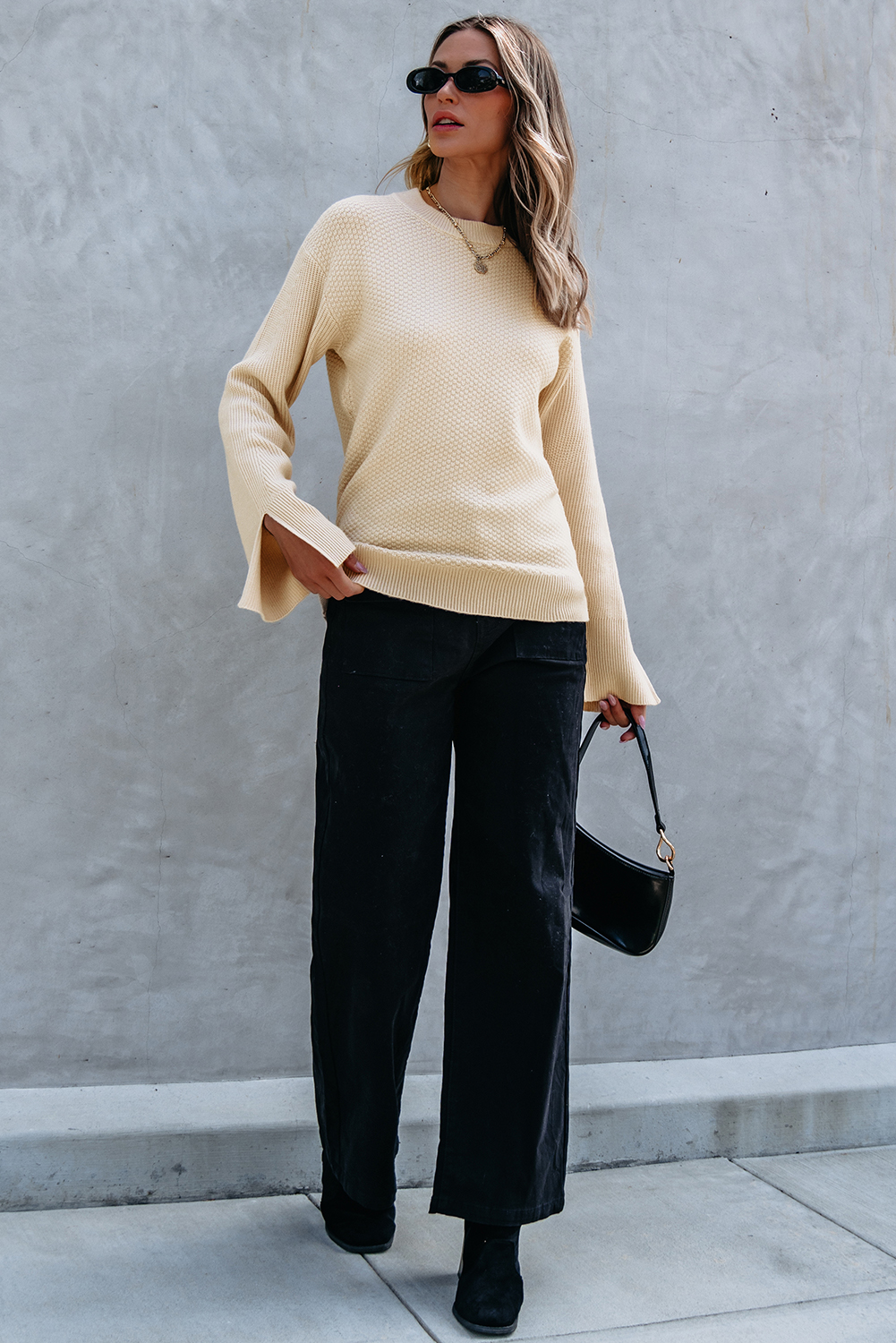 Parchment Solid Textured Knit Split Cuff Drop Shoulder Loose Sweater - loveforevers