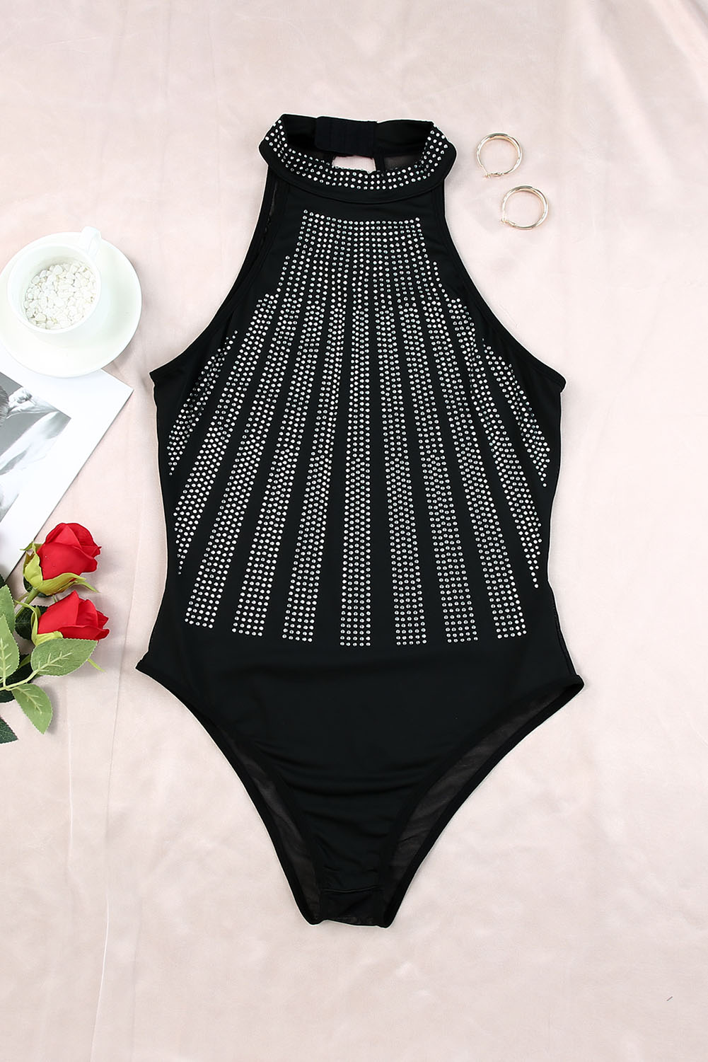Black High Neck Sleeveless Diamante Bodysuit - loveforevers
