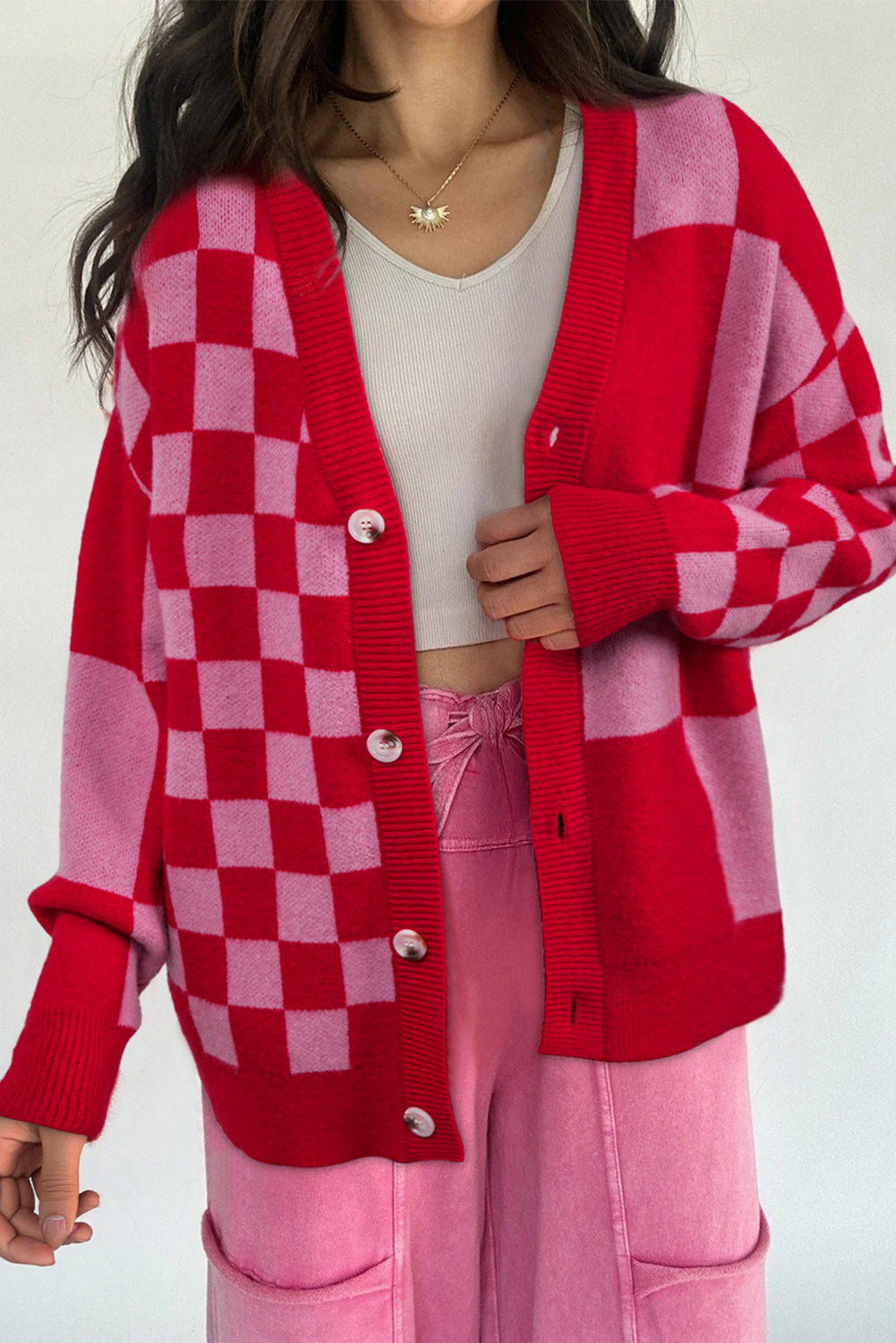 Fiery Red Mixed Plaid Relaxed Sweater Cardigan - loveforevers