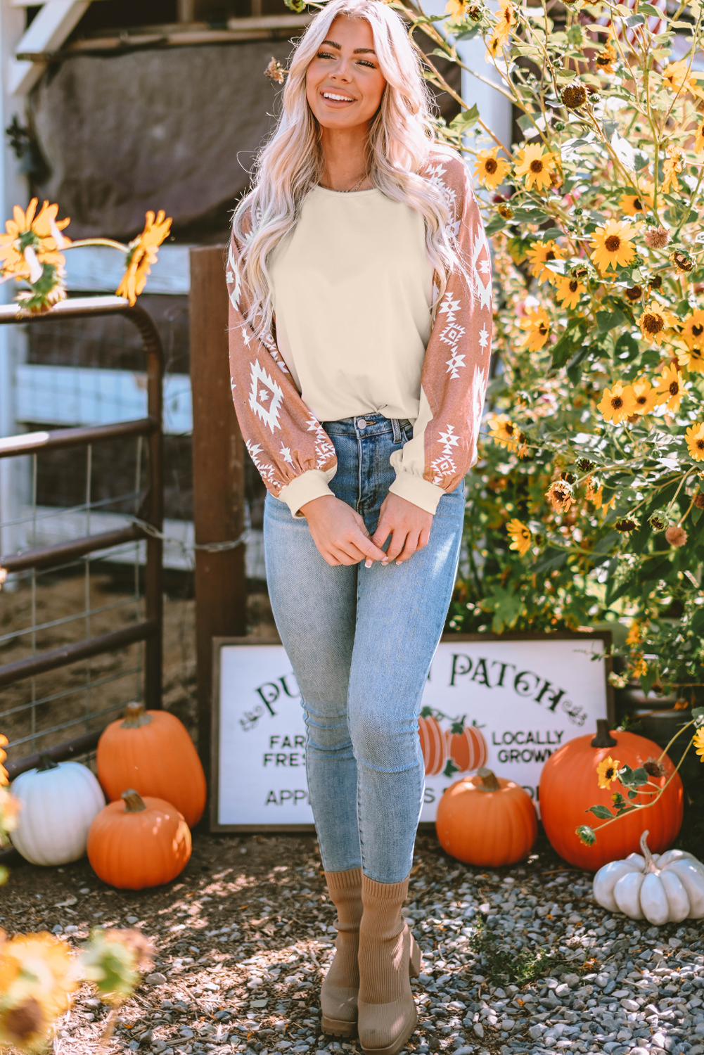 Apricot Western Print Patch Long Sleeve Top - loveforevers