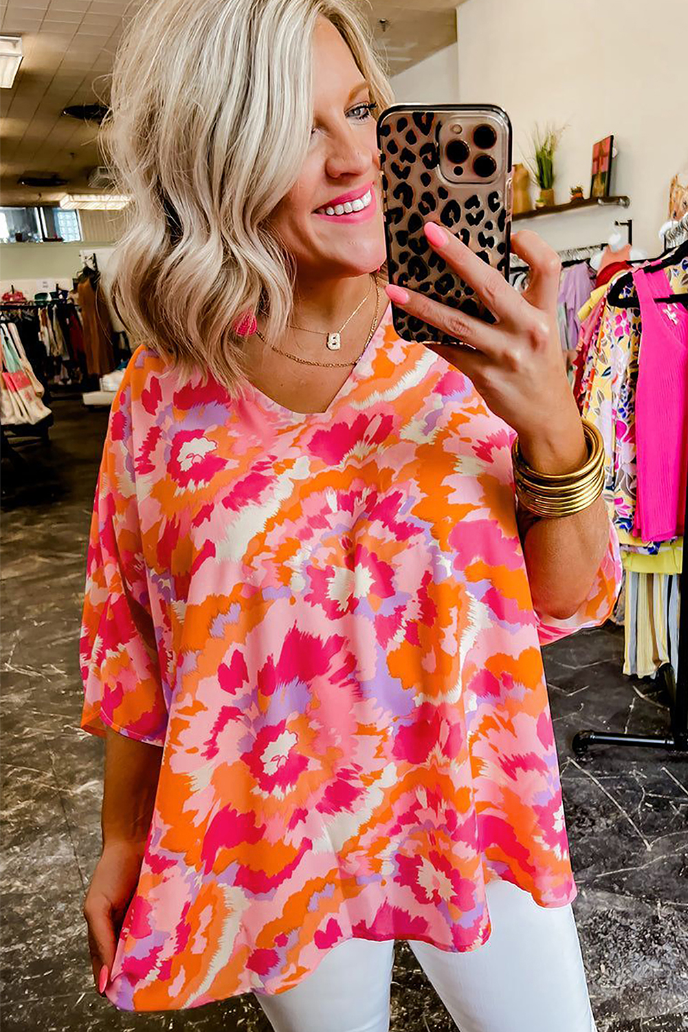 Rose Red Abstract Print V Neck Summer Blouse - loveforevers