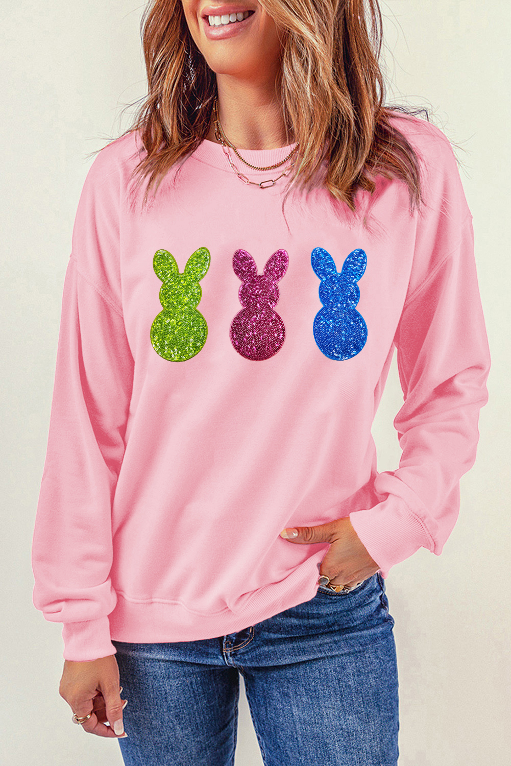 Pink Easter Bunny Patched Drop Shoulder Sweatshirt - loveforevers