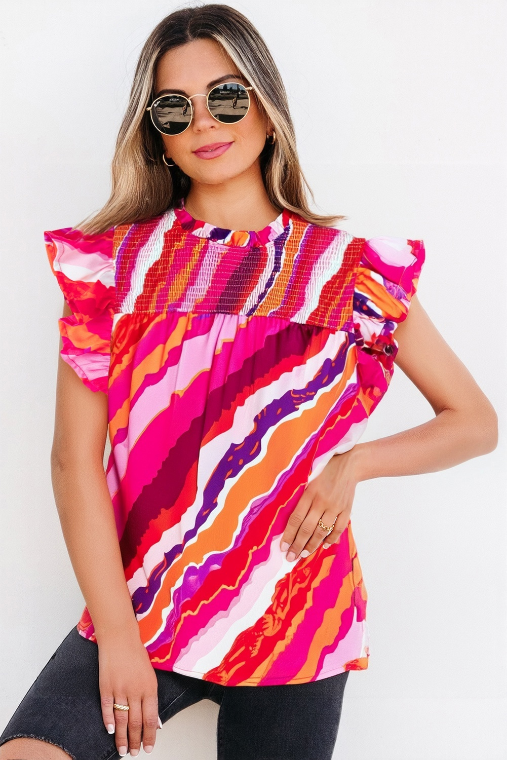 Rose Abstract Print Shirred Yoke Ruffled Blouse - loveforevers