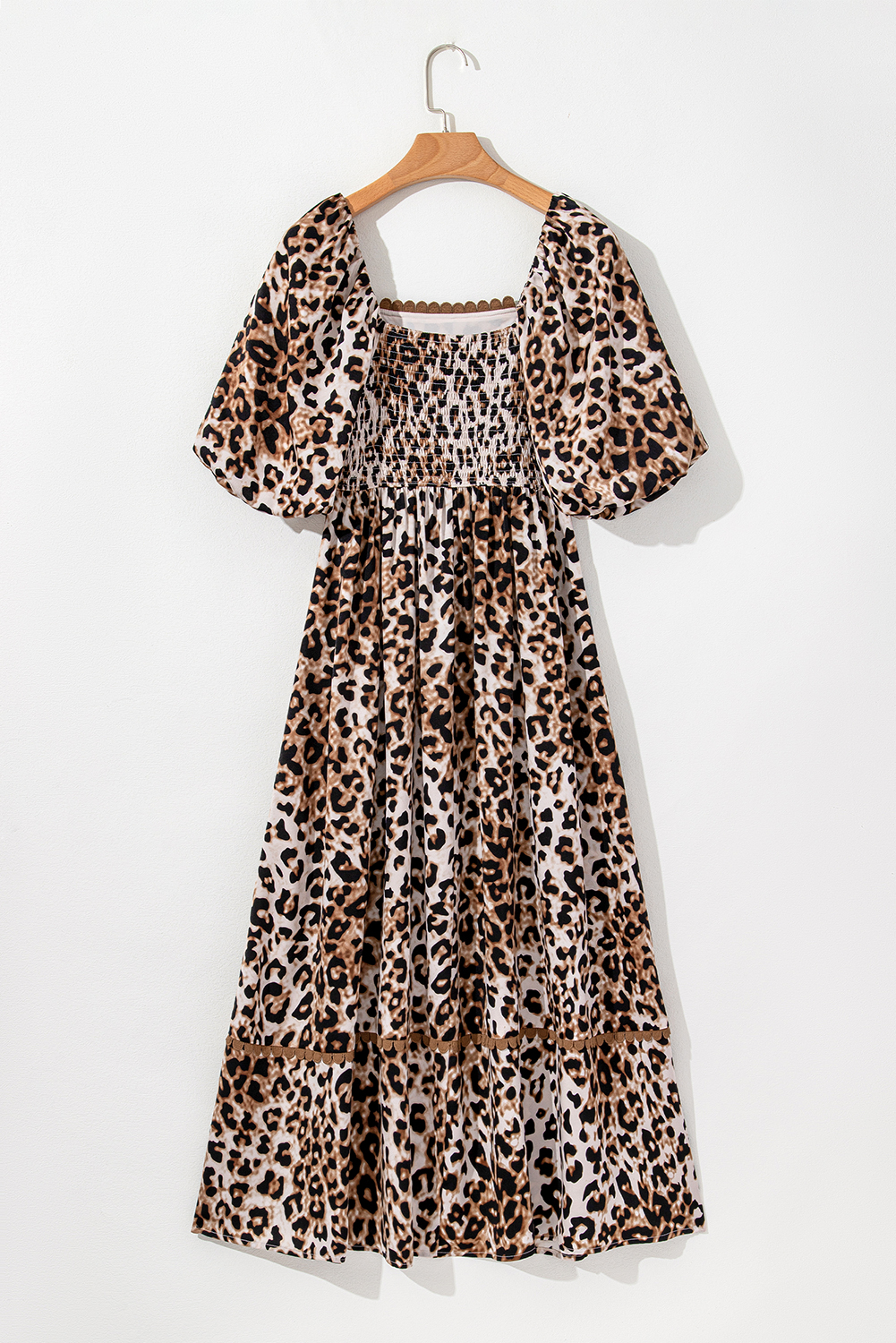 Brown Leopard Print Bubble Sleeve Square Neck Maxi Dress - loveforevers