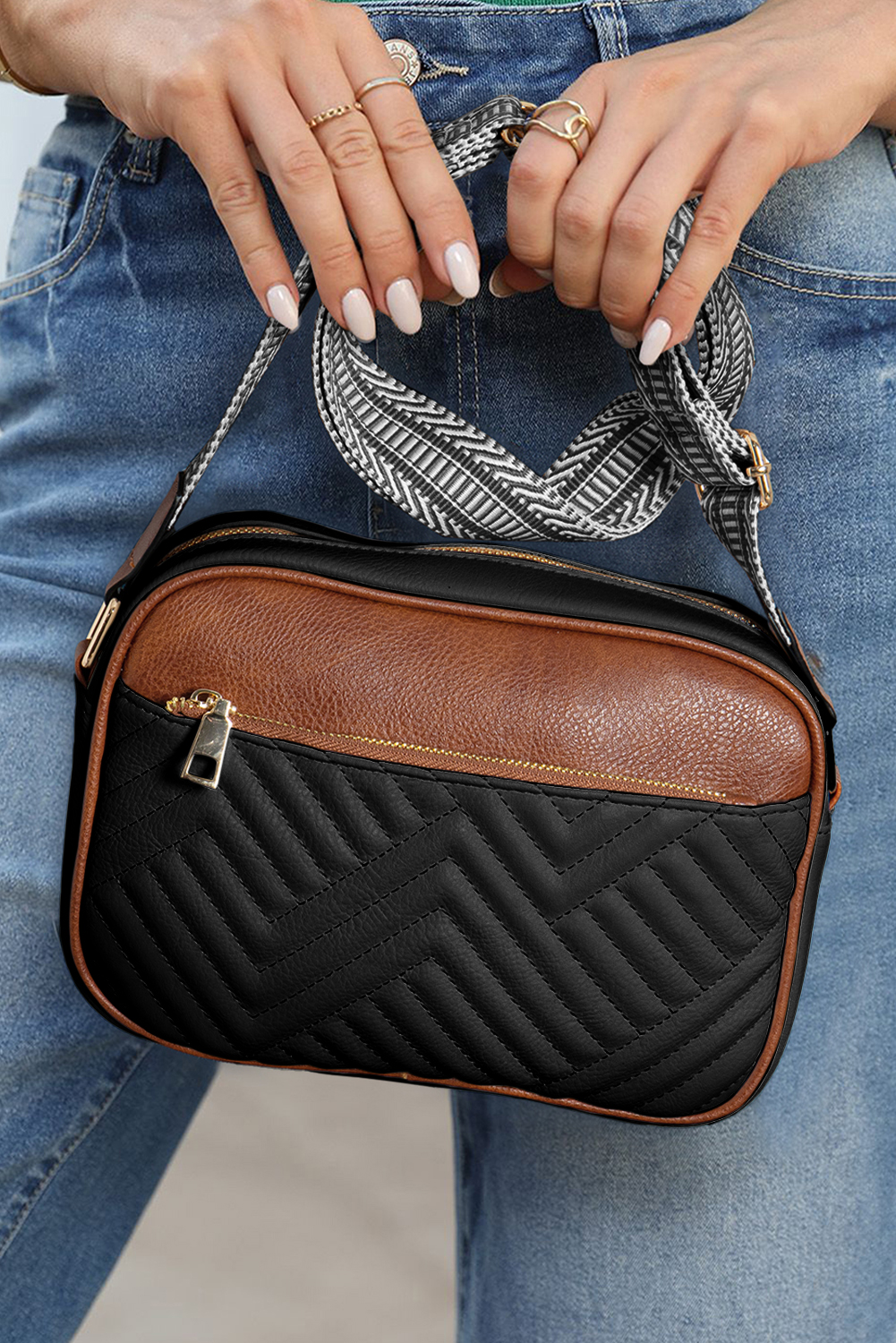 Black Quilted Faux Leather Crossbody Bag 22*6*16cm - loveforevers
