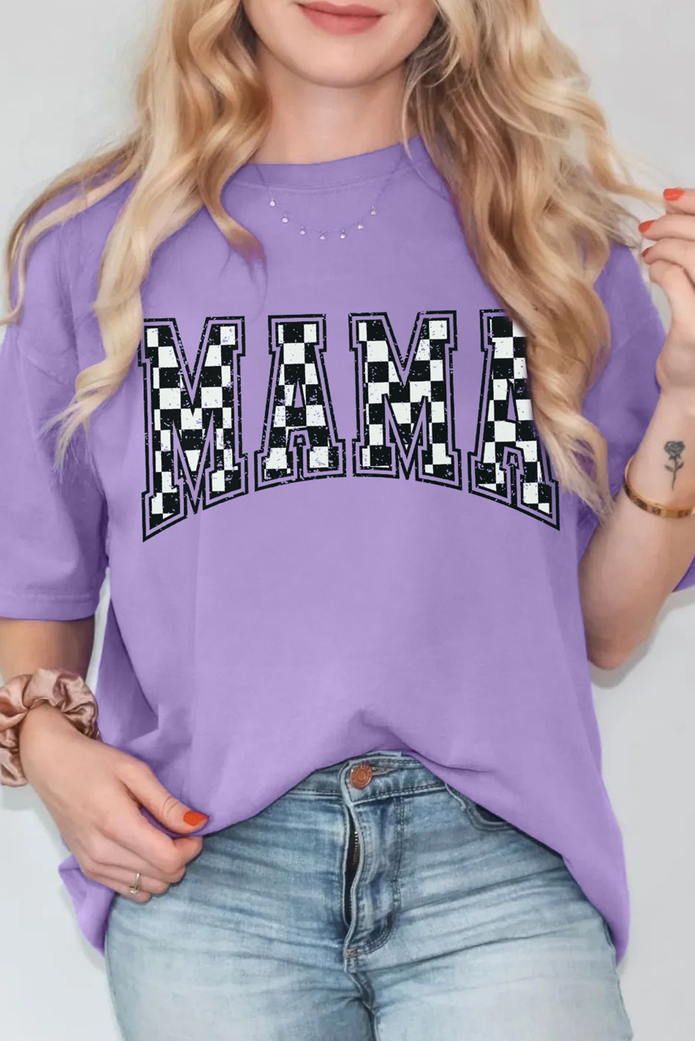 Wisteria Checkerboard MAMA Graphic Crewneck Tee - loveforevers