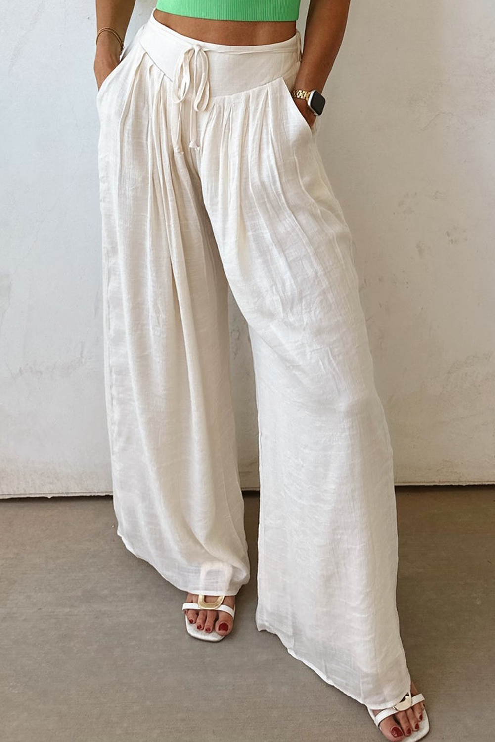 White Solid Drop Waist Pleated Wide Leg Casual Pants - loveforevers