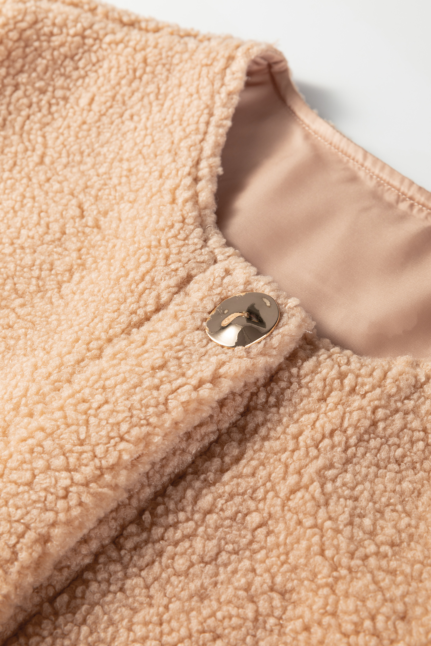 Light French Beige Big Button Accent Fuzzy Pocket Vest - loveforevers