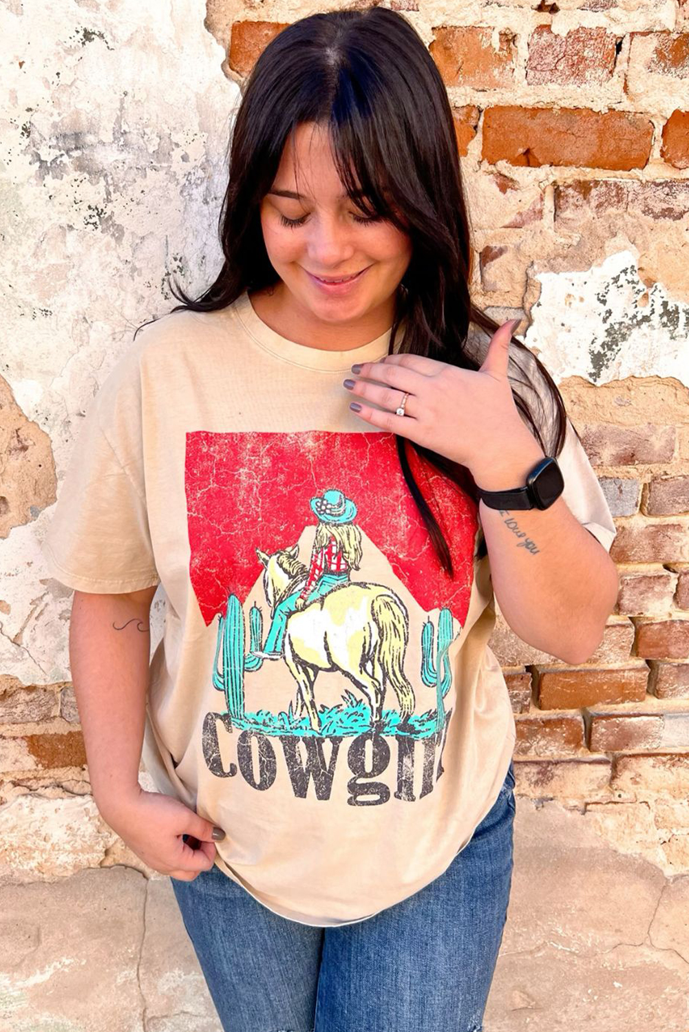 Khaki Cowgirl Rodeo Graphic Western Fashion Tee - loveforevers