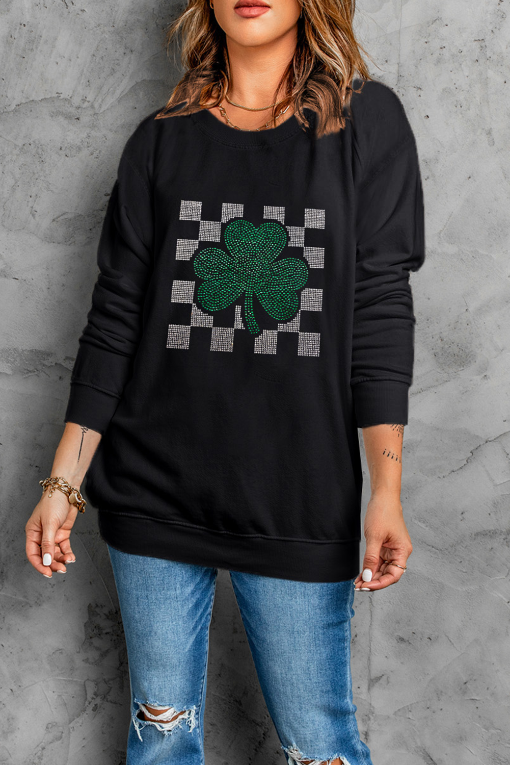 Black Rhinestone Checkerboard Clover Graphic St Patrick Sweatshirt - loveforevers