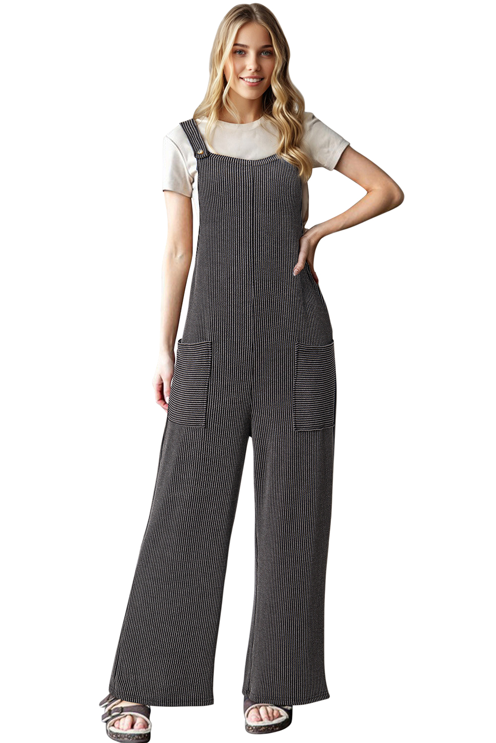 Dark Grey Ribbed Knit Patched Pocket Wide Leg Overalls - loveforevers