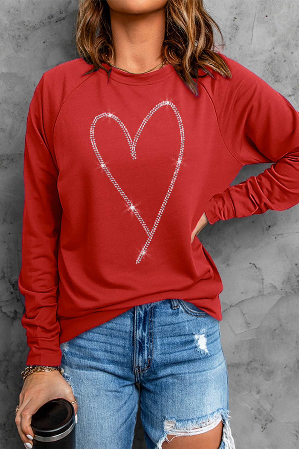 Fiery Red Rhinestone Heart Shaped Long Sleeve Sweatshirt - loveforevers