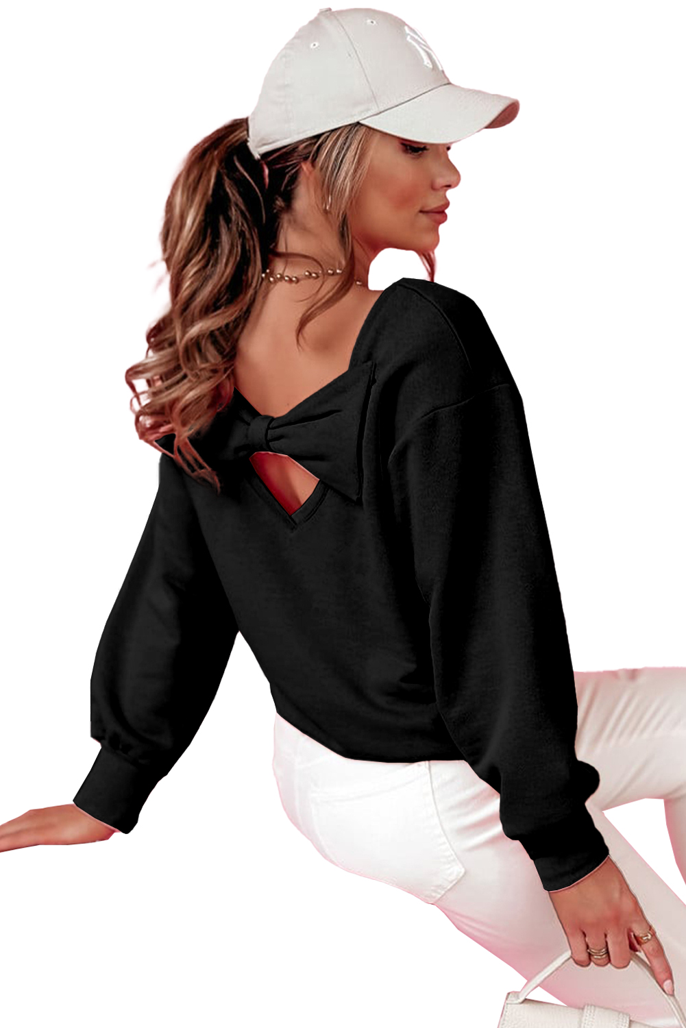 Black Bowknot Dewback Round Neck Sweatshirt - loveforevers