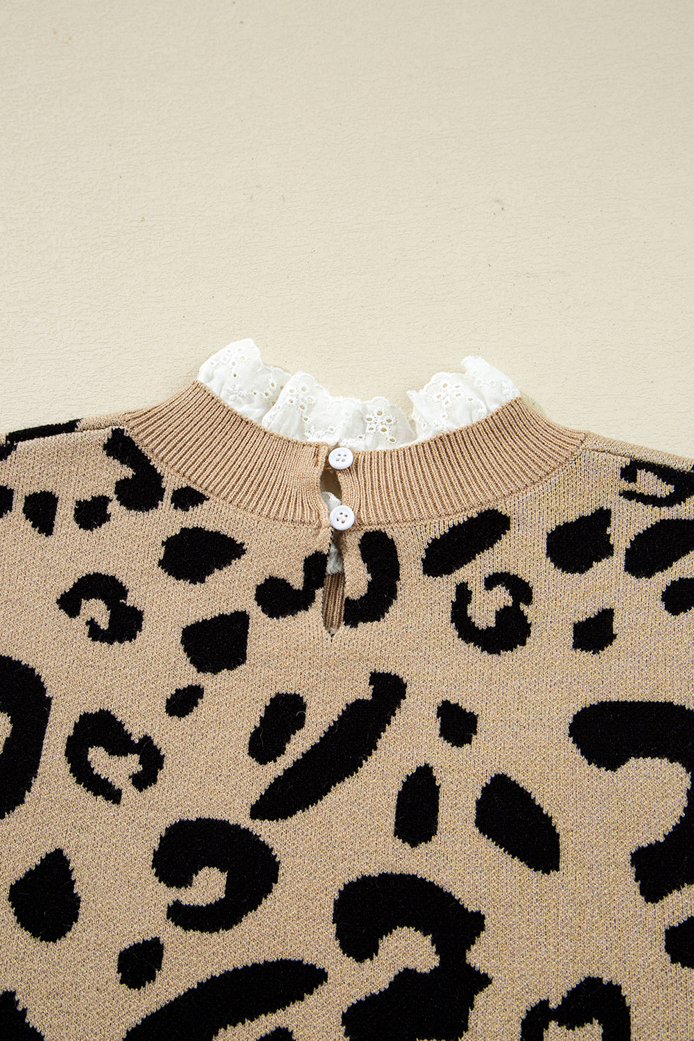 Dearlovers Brown Leopard Pattern Lace Ribbed Detail Button Cuffed Sweater - loveforevers