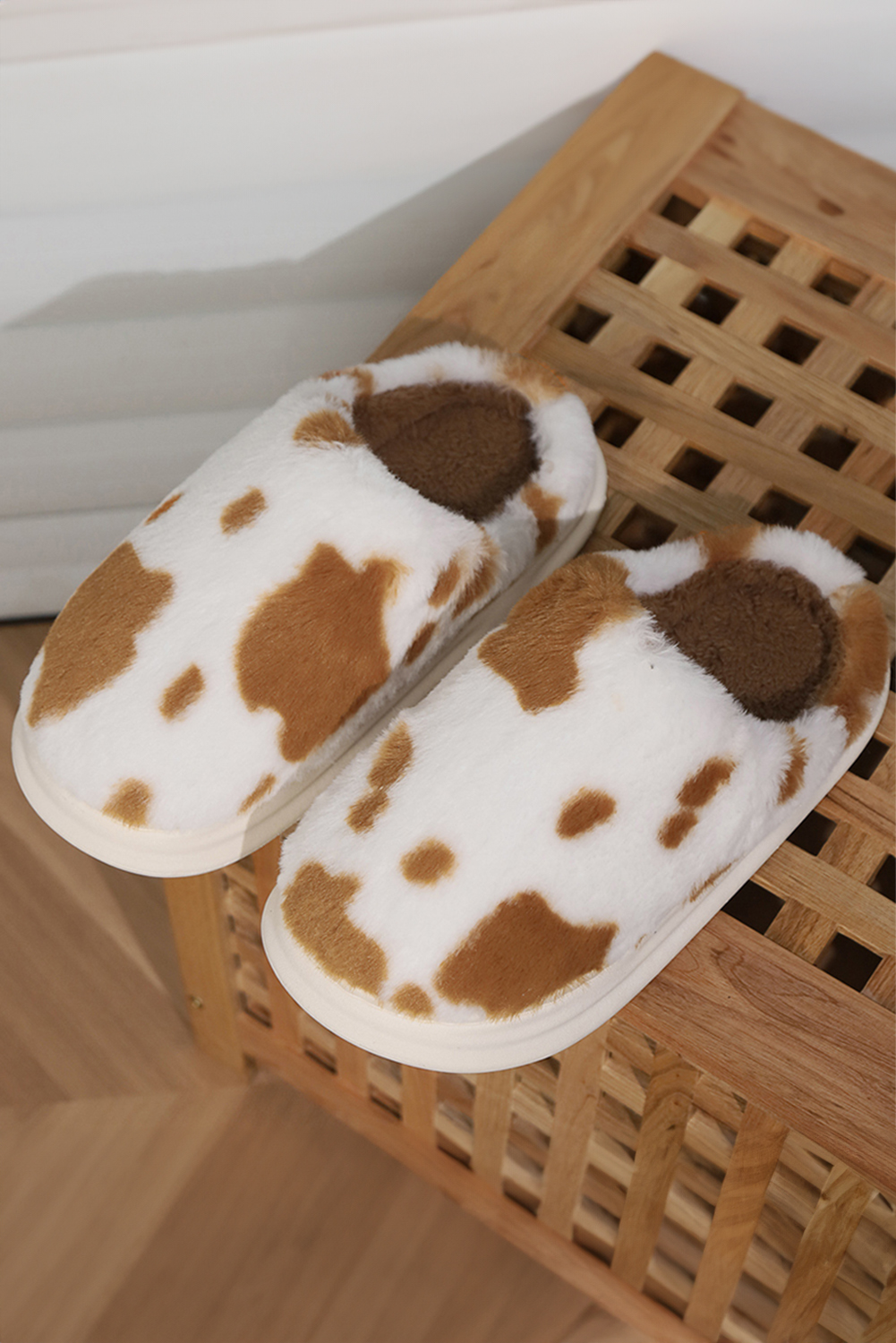 Chestnut Cow Spot Printed Plush Home Slippers - loveforevers