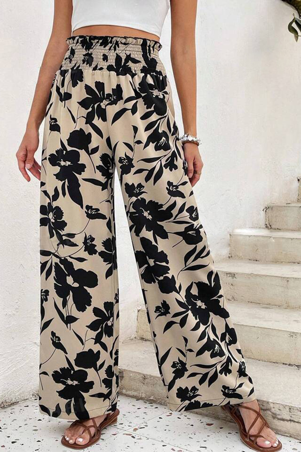 Khaki Floral Print Smocked High Waist Wide Leg Pants - loveforevers