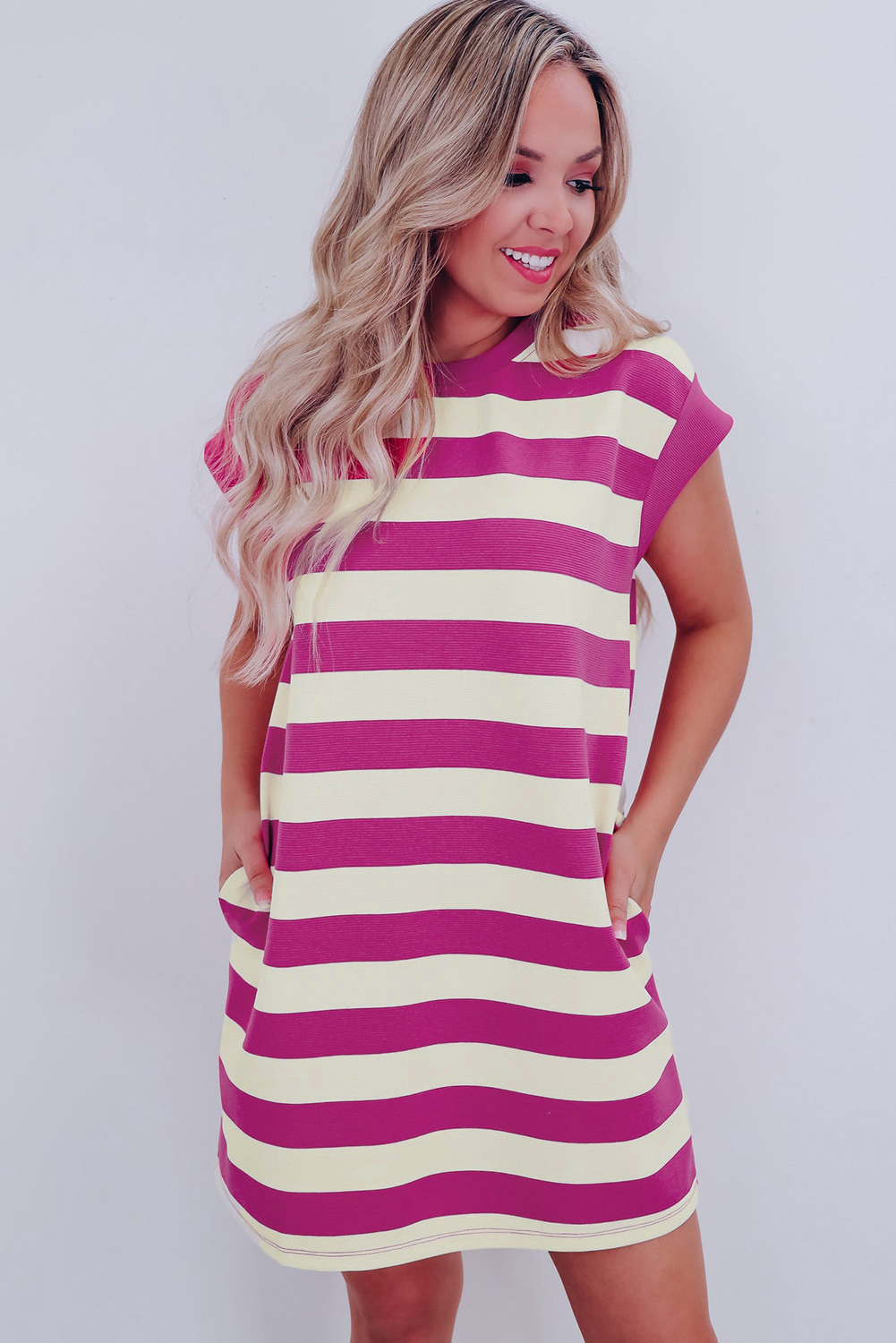 Rose Stripe Cap Sleeve Pocketed Shift T-shirt Dress - loveforevers