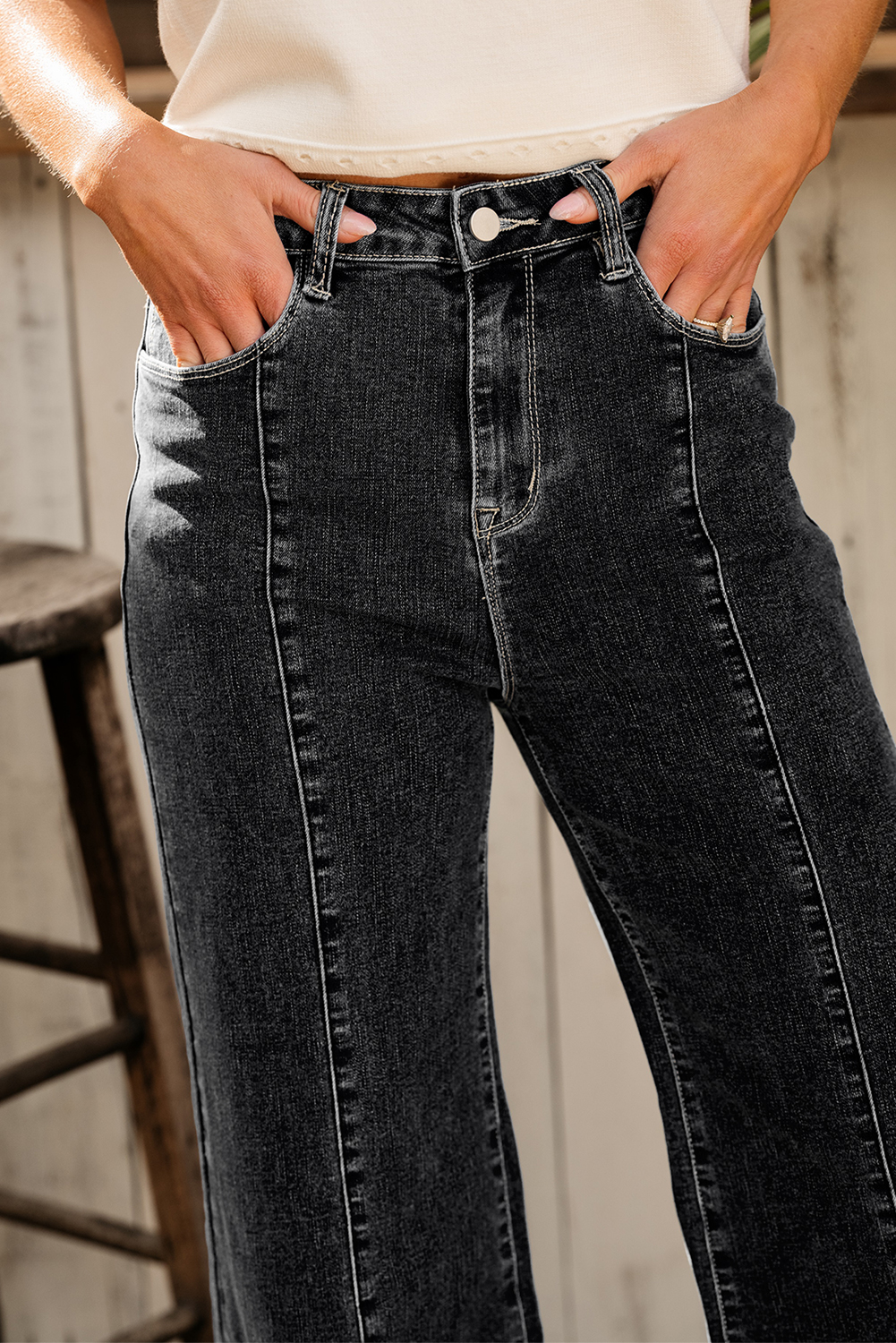 Black Plain Seam Detail Flared Bottom Ankle Length Jeans - loveforevers