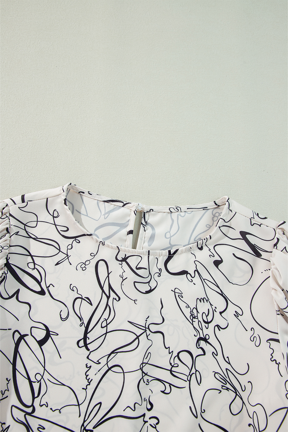 Beige Abstract Print Balloon Sleeve Crew Neck Blouse - loveforevers