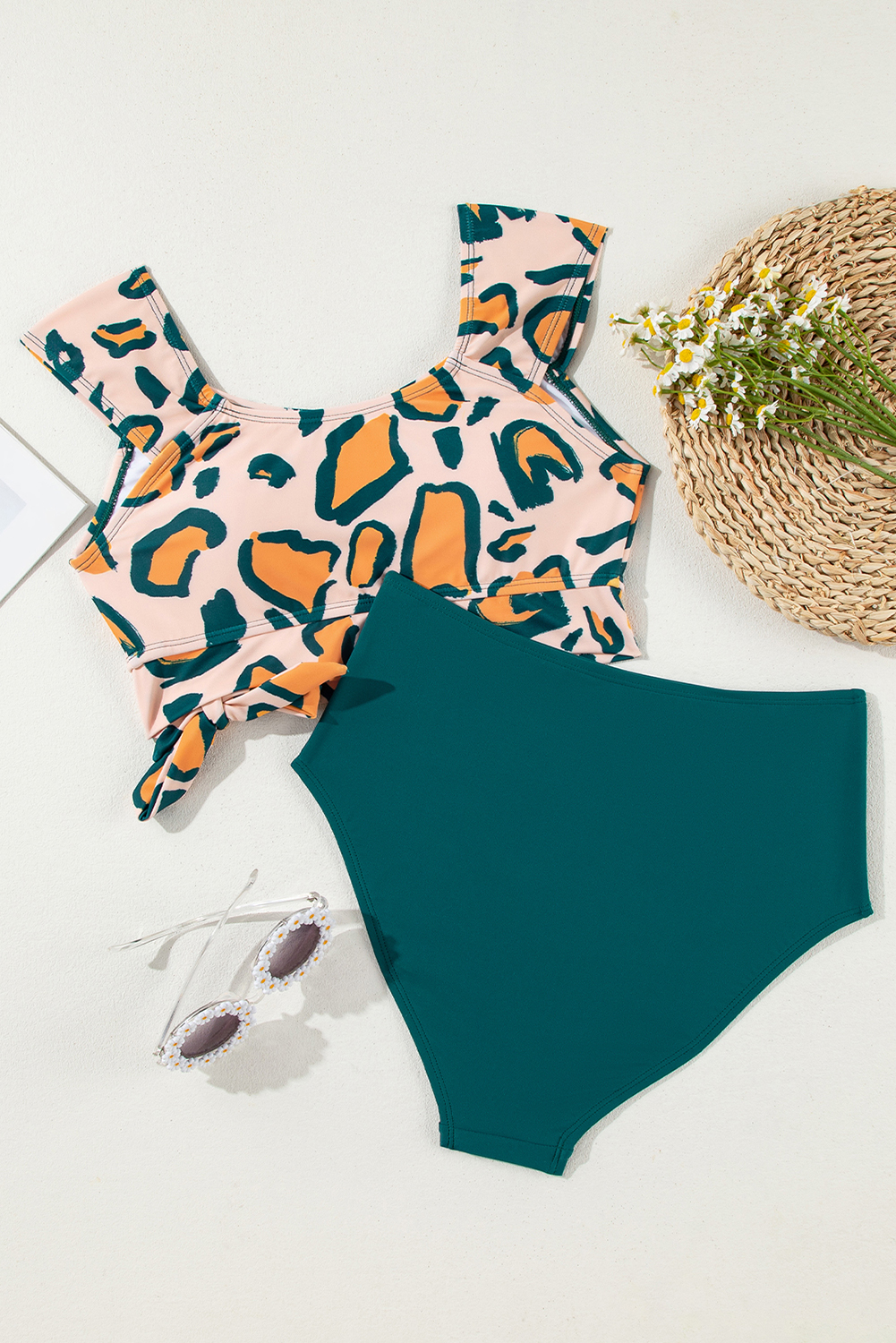 Green Leopard Print U Neck Knotted High Waist Bikini Set - loveforevers