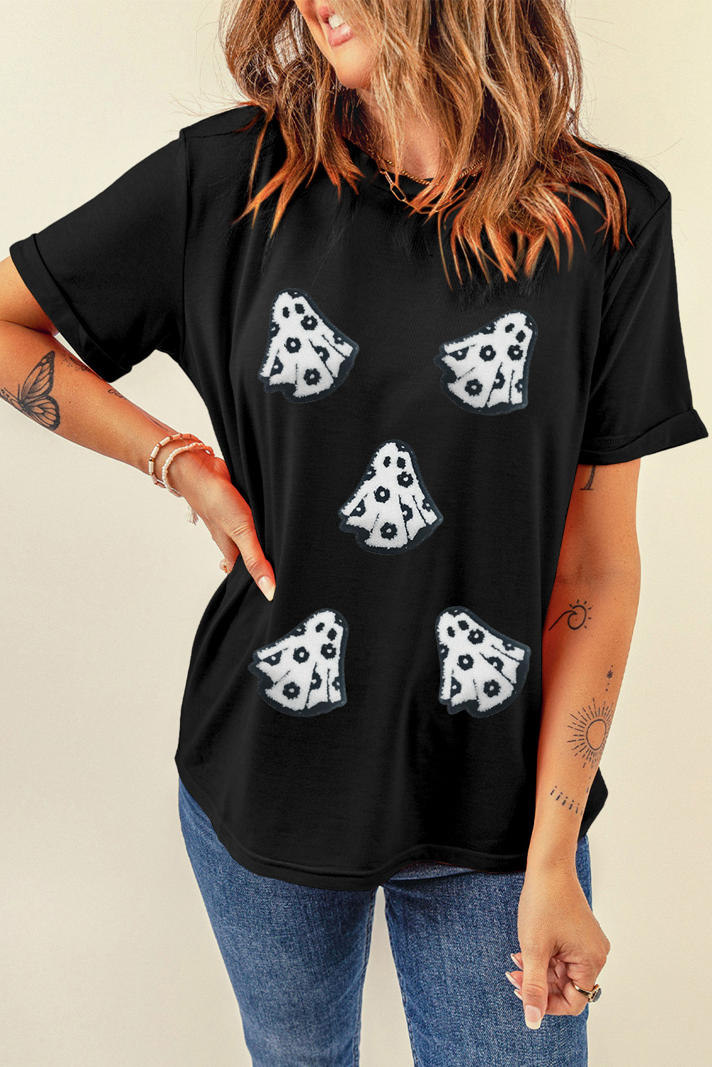 White Playful Ghost Patched Cotton Blend T Shirt - loveforevers