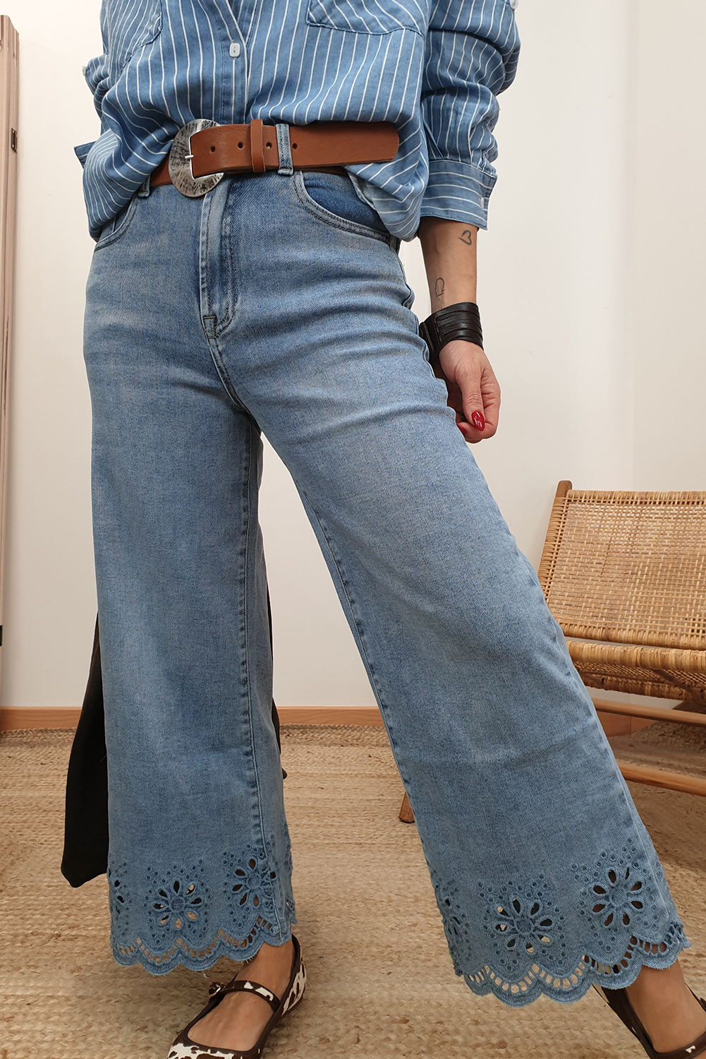 Dusk Blue Embroidered Cropped Wide Leg High Waist Jeans - loveforevers