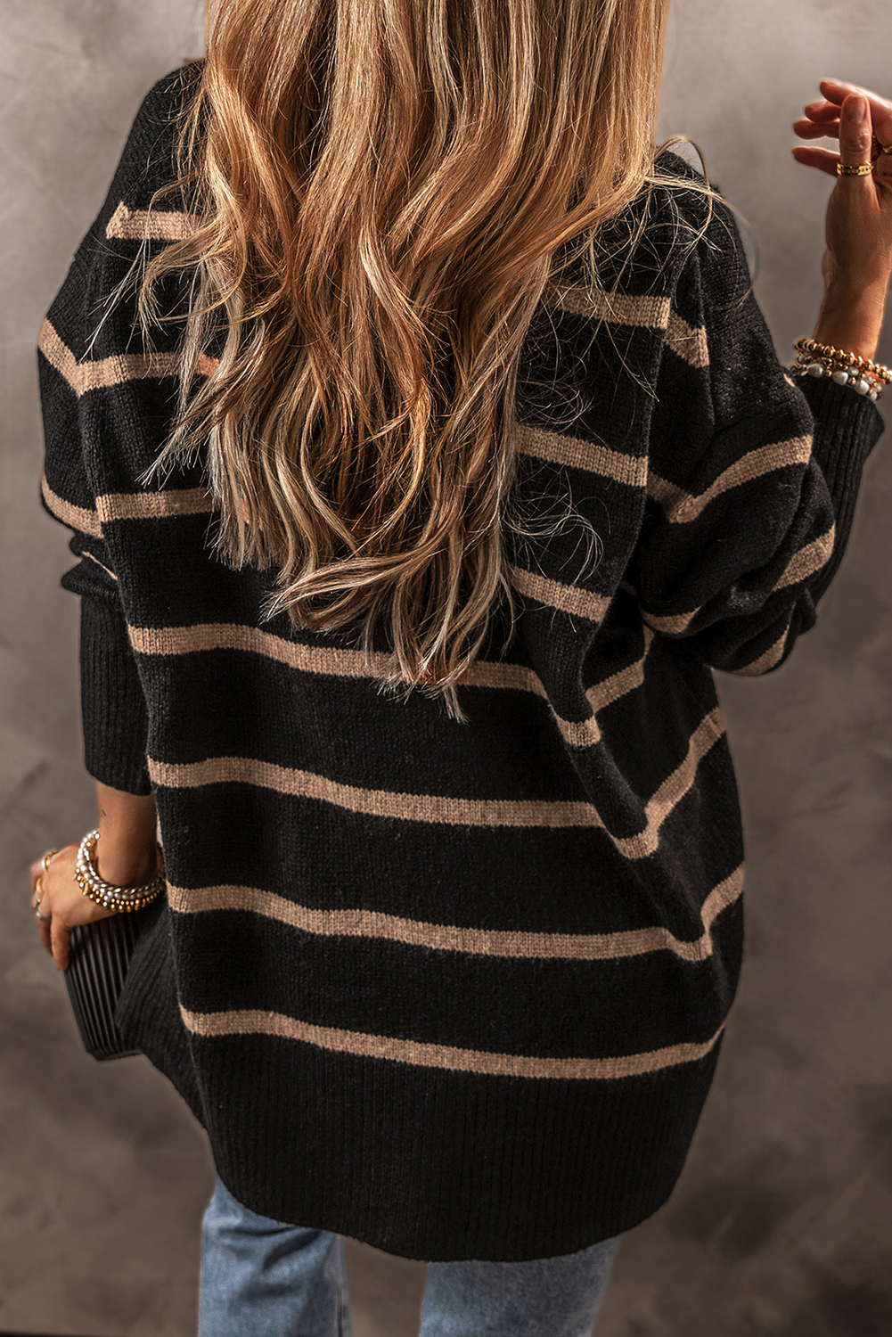 Black Stripe Buttoned V Neck Drop Shoulder Loose Cardigan - loveforevers