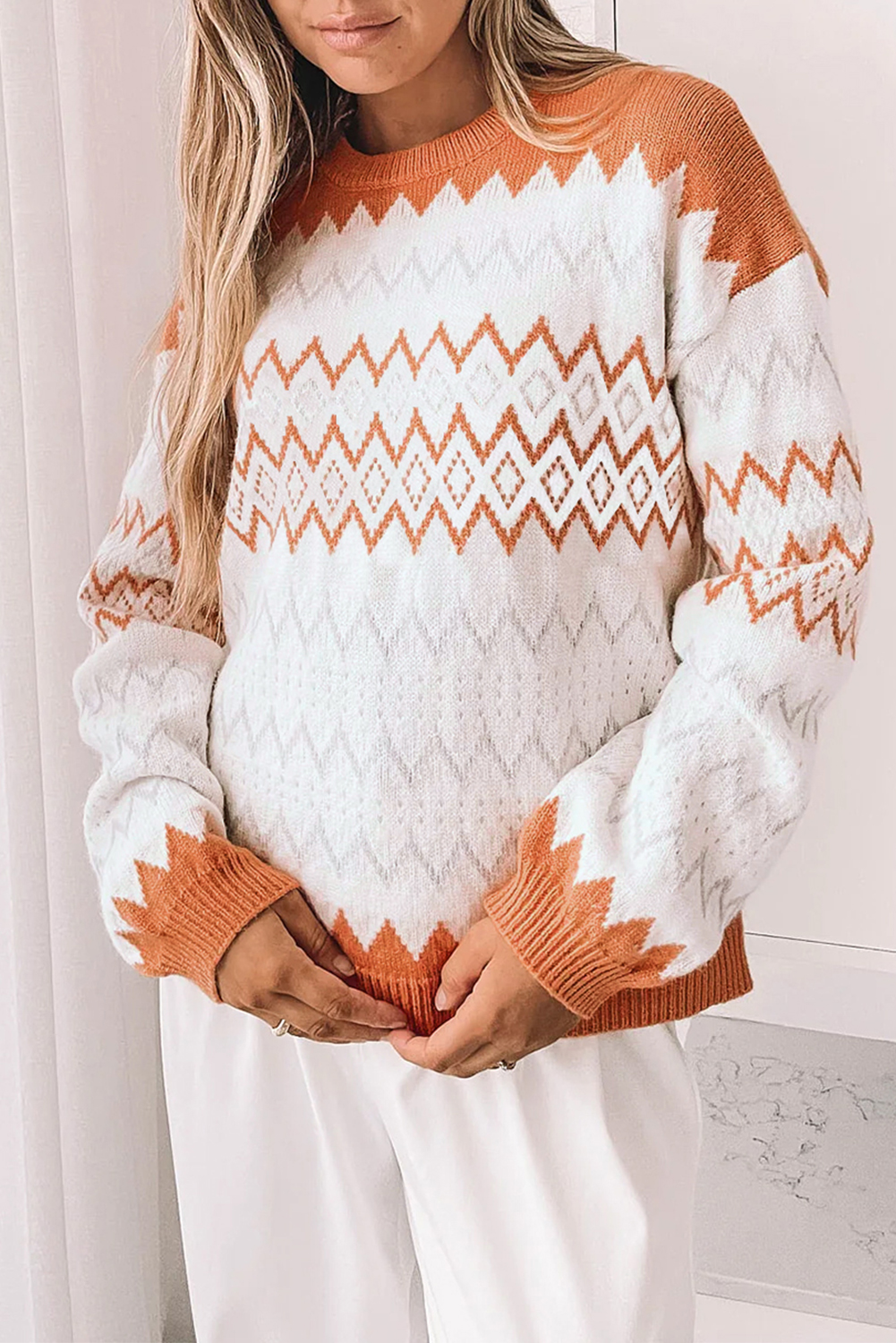 Khaki Zigzag Geometric Pattern Knitted Pullover Sweater - loveforevers