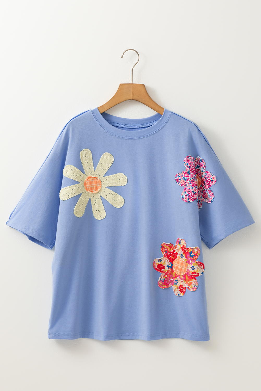 Apricot Flower Patched Exposed Stitching Trim Crew Neck Loose Tee - loveforevers
