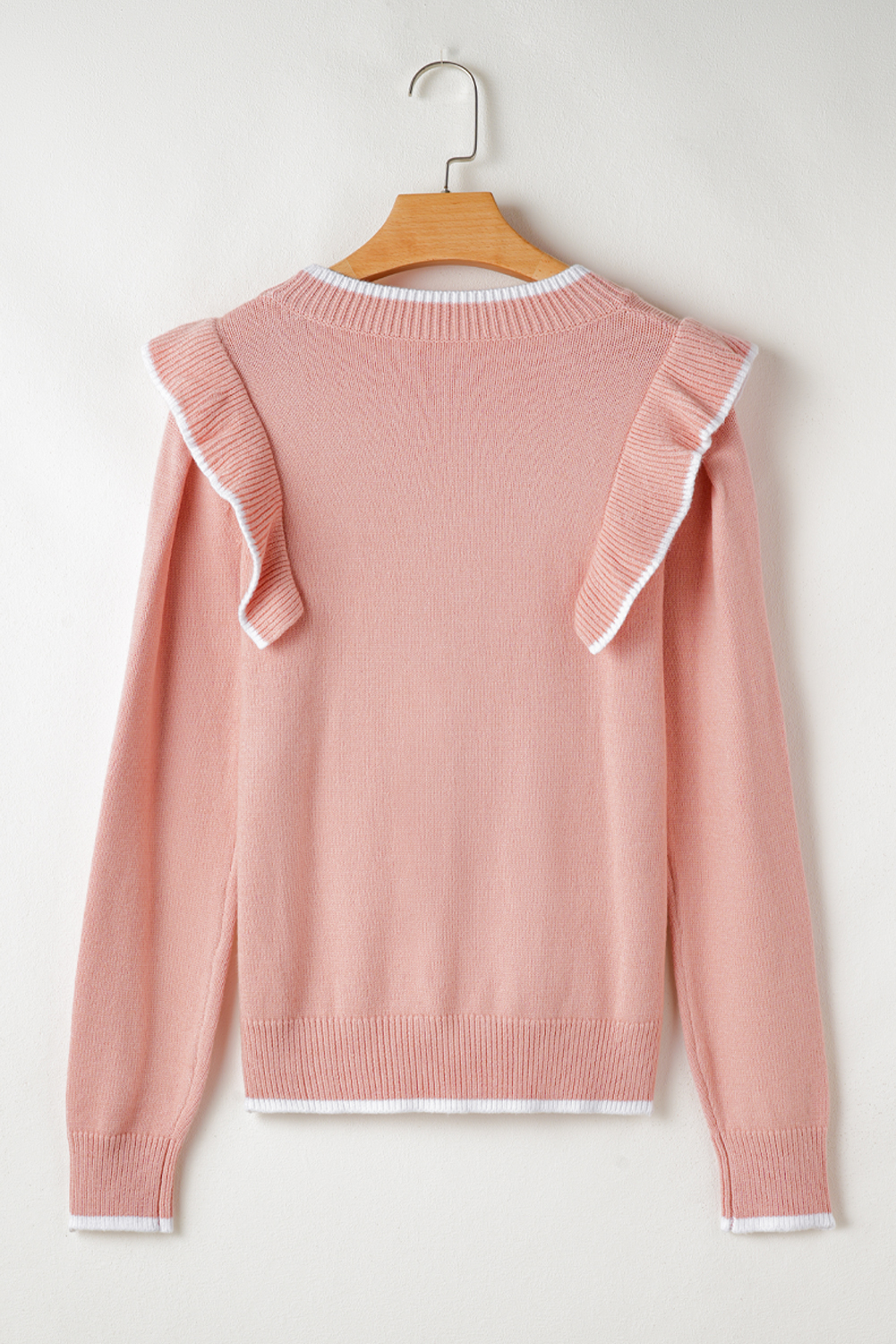 Light Pink Ruffled Bowknot Ribbed Trim Long Sleeve Sweater - loveforevers