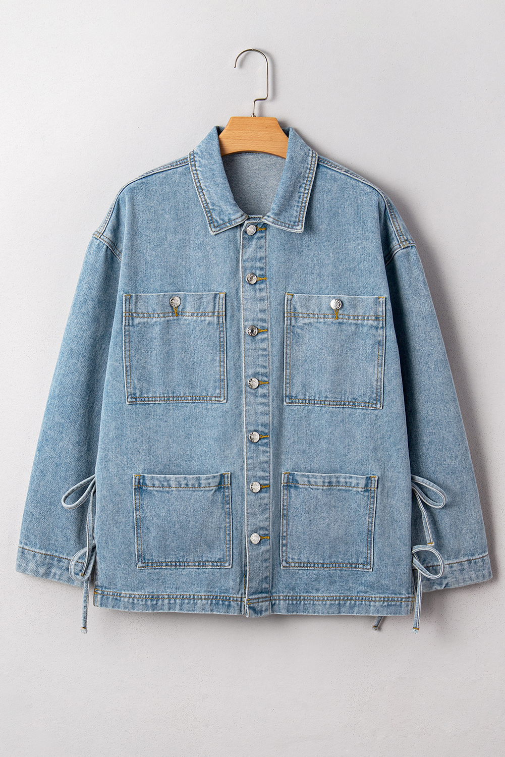Beau Blue Multi Patched Pockets Side Tie up Boyfriend Style Denim Jacket - loveforevers