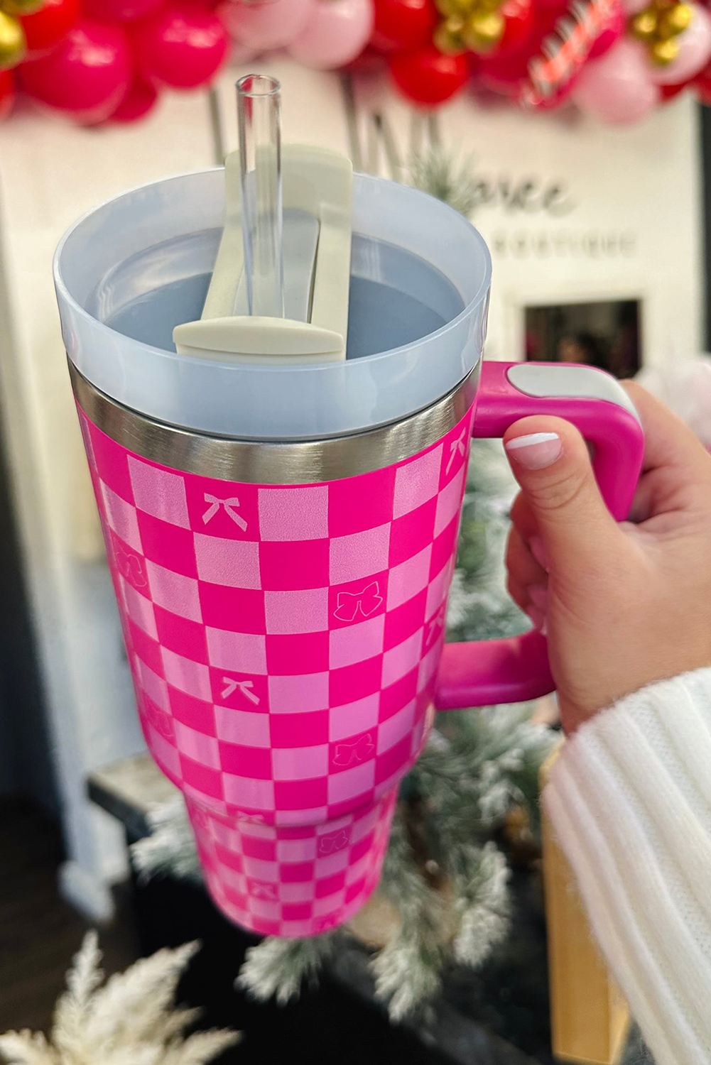 Bright Pink Bow Knot Checkered Print Large Stainless Steel Tumbler - loveforevers