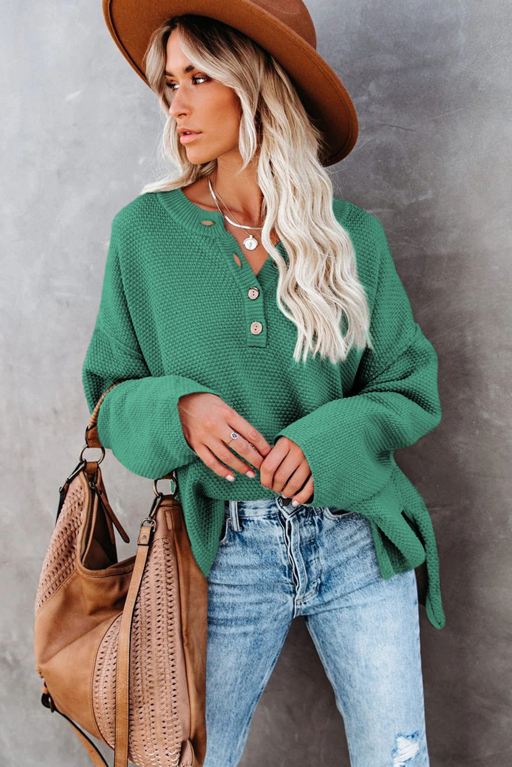 Green Henley Pullover Drop Shoulder Sweater with Slits - loveforevers