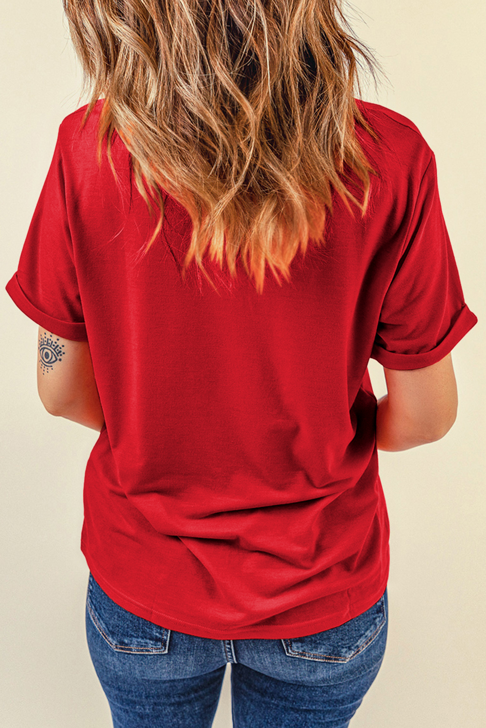 Red Rhinestone MAMA Bow Knot Pattern Crew Neck Loose Tee - loveforevers