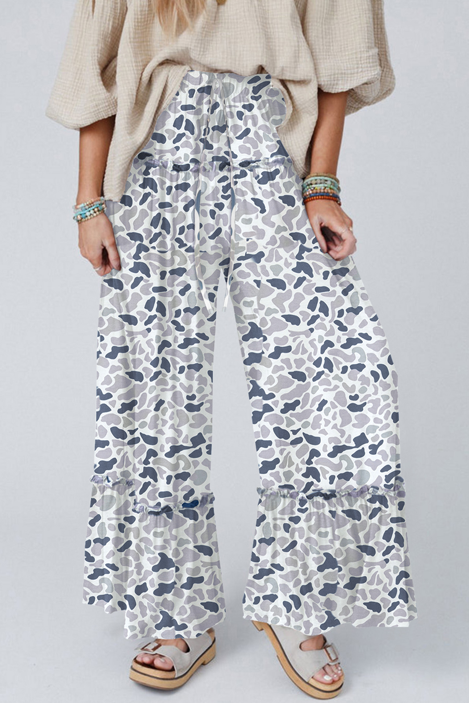 Beige Camo Print Wide Leg Casual Pants - loveforevers