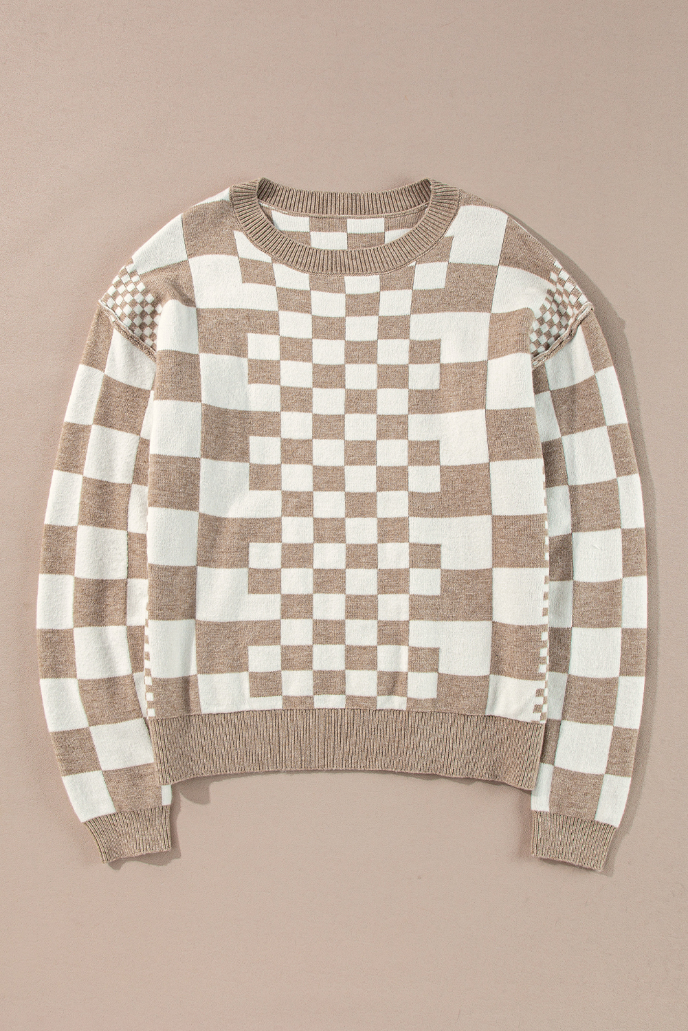 Khaki Checkered Print Drop Shoulder Round Neck Sweater - loveforevers