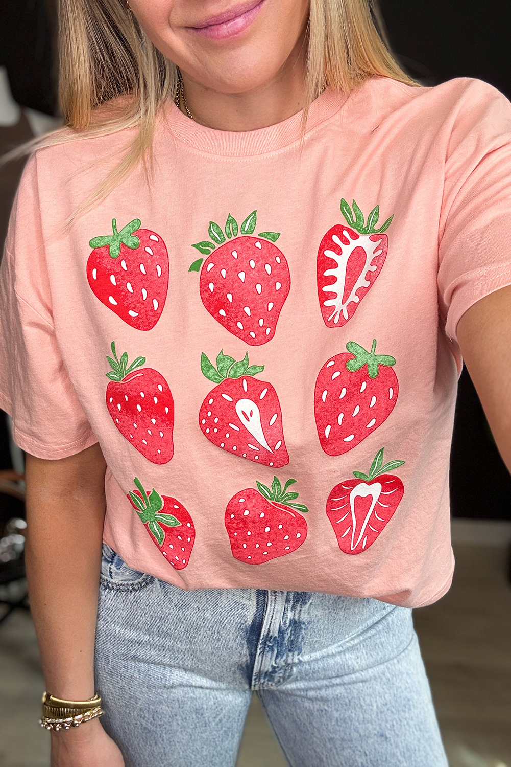 Pink Strawberry Fruit Pattern Graphic Tee - loveforevers
